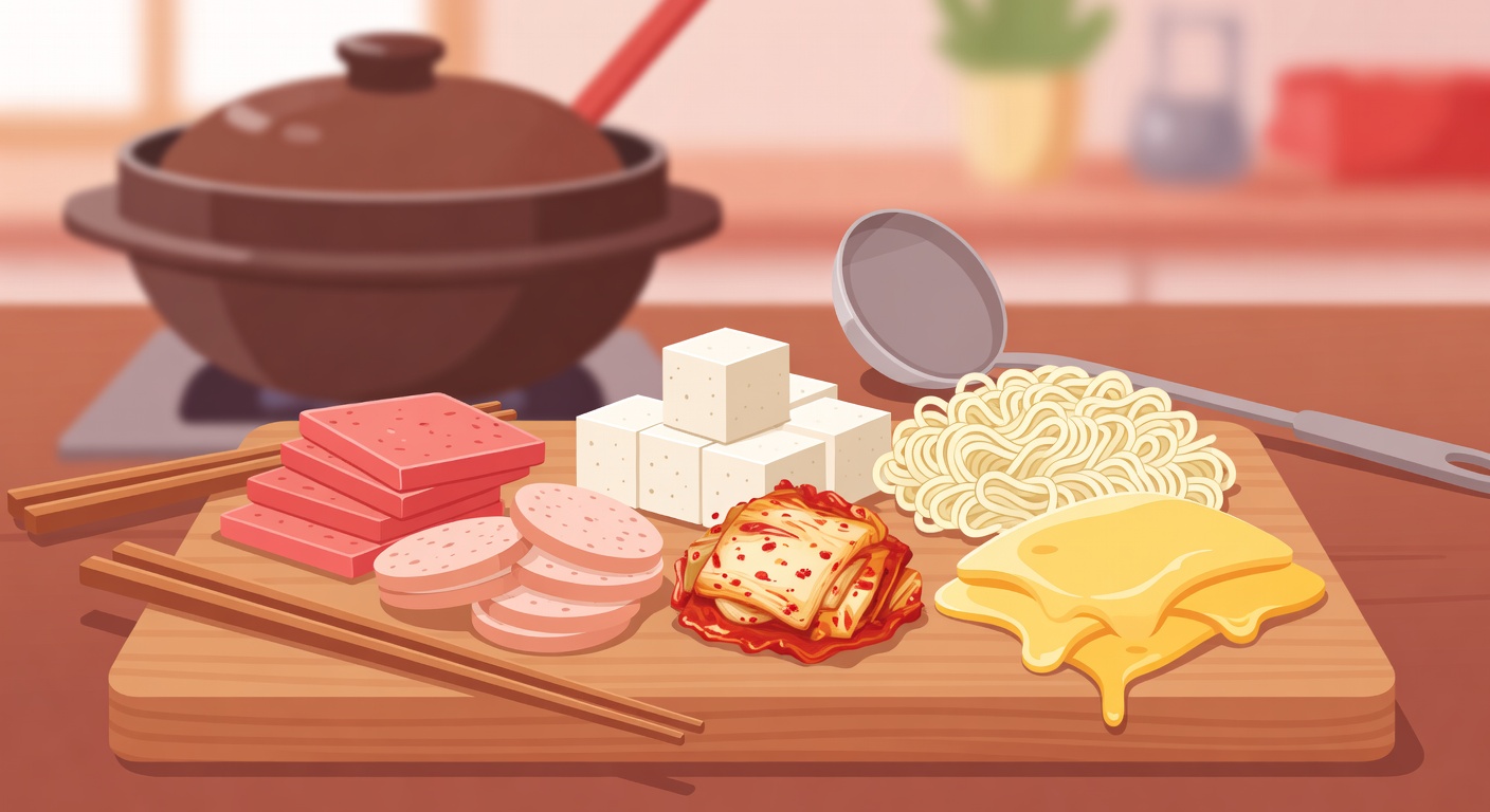 부대찌개 재료 — 스팸 소시지 두부 김치 라면