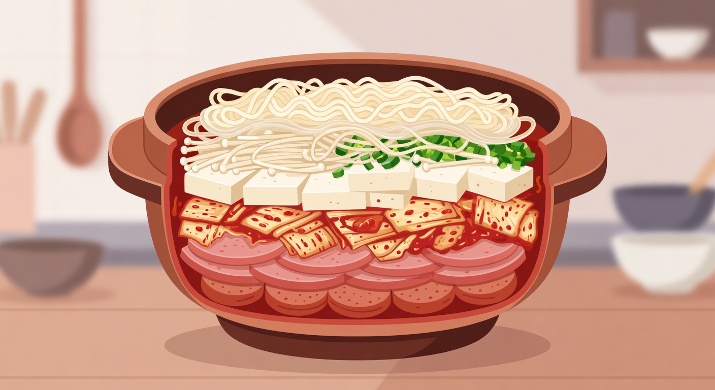 부대찌개 재료 냄비에 층층이 배치