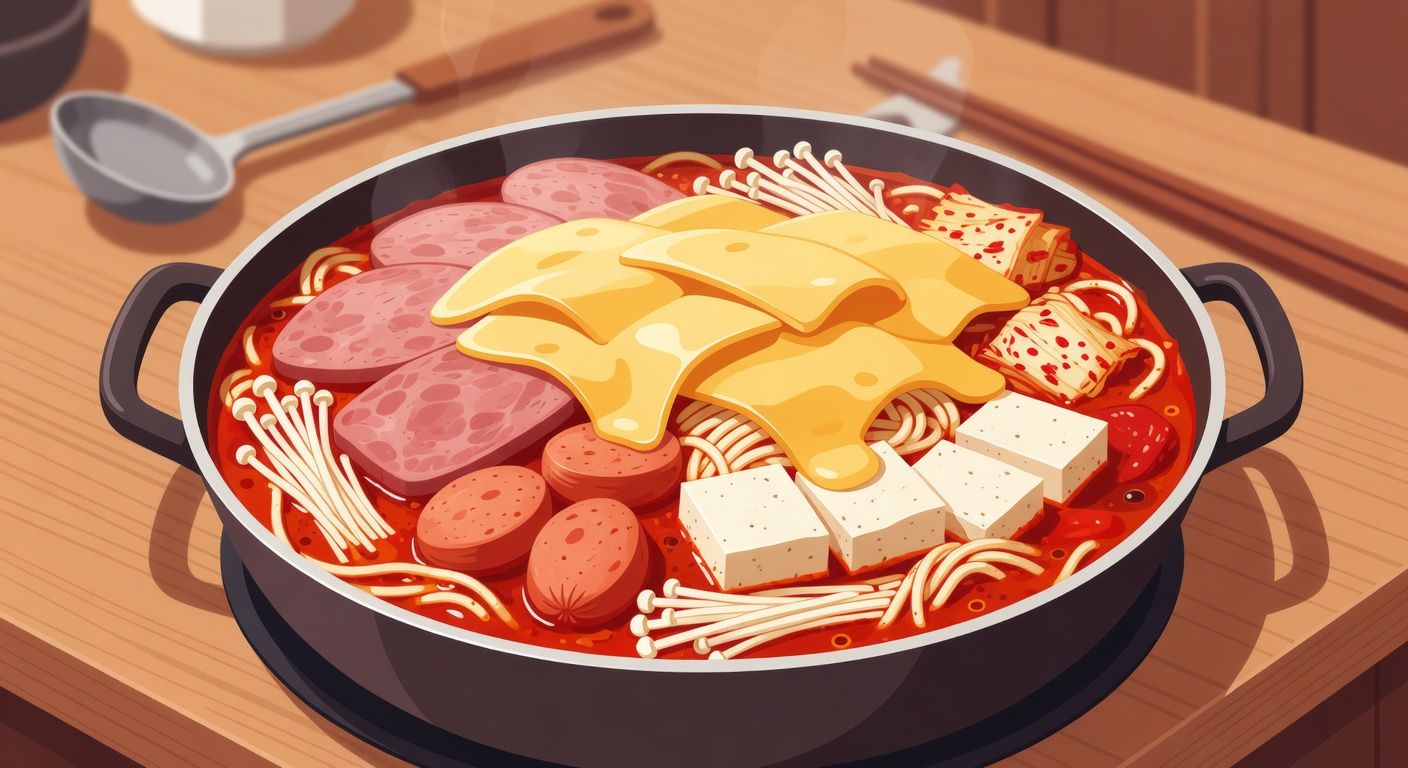 부대찌개 완성 — 치즈와 라면 꿀팁