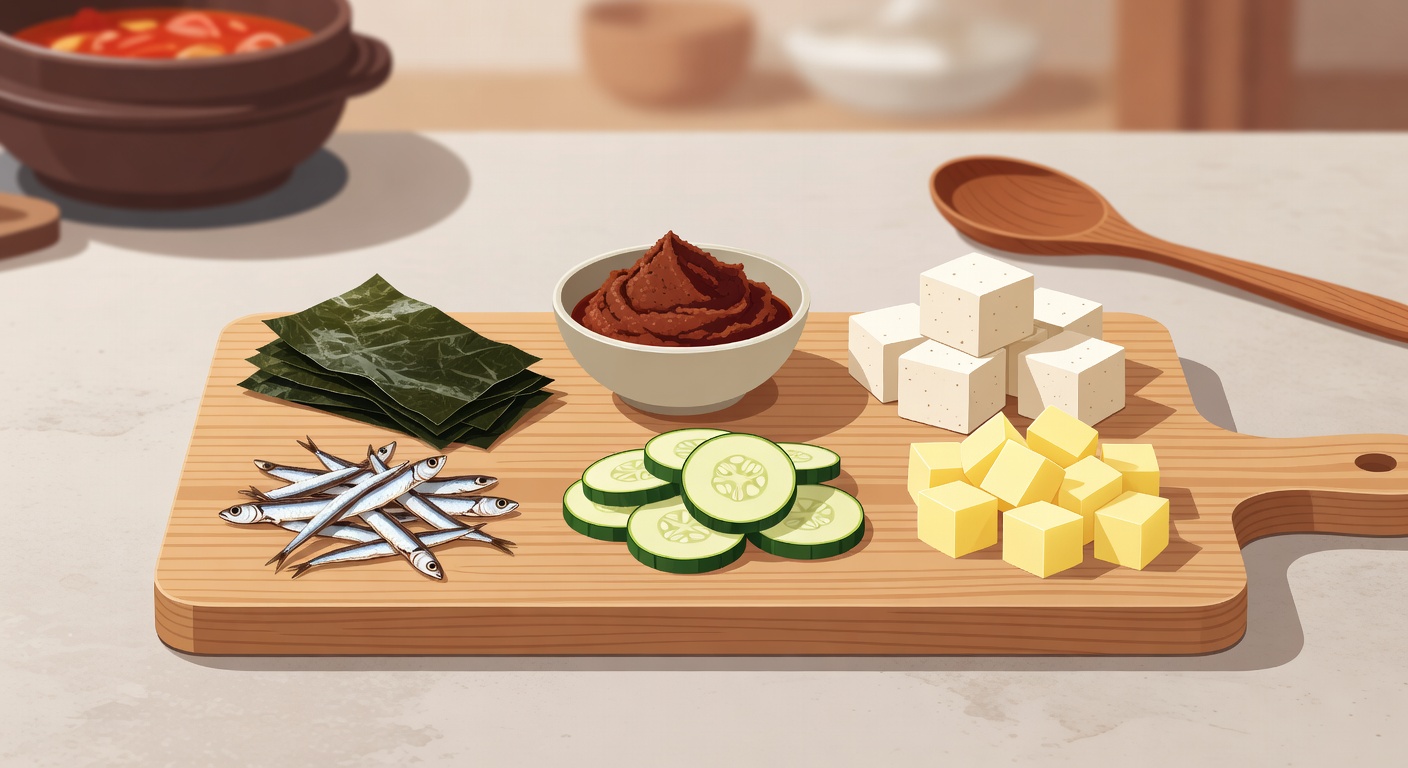 된장찌개 재료 — 멸치·다시마·된장·두부·호박·감자