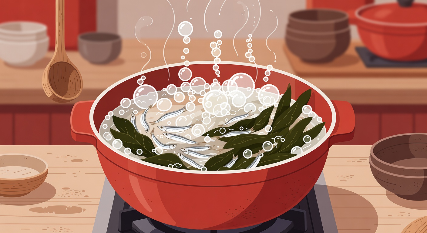 냄비에 멸치·다시마 넣고 중불 10분 — 다시마는 끓기 전 건져내기