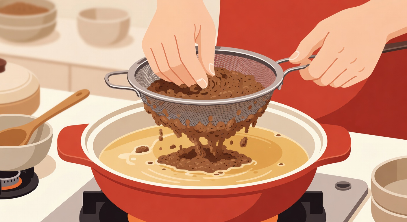 된장을 체에 걸러 넣으면 덩어리 없이 깔끔