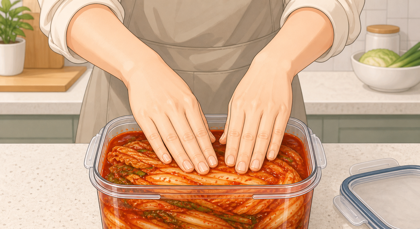 표면을 눌러 공기 빼고 국물에 잠기게