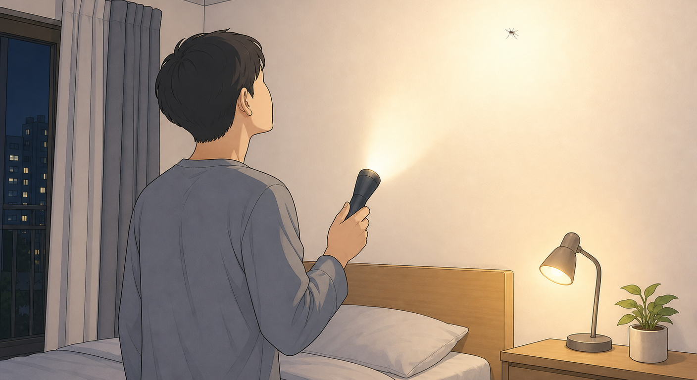 흰 벽과 천장을 위에서 아래로 훑기